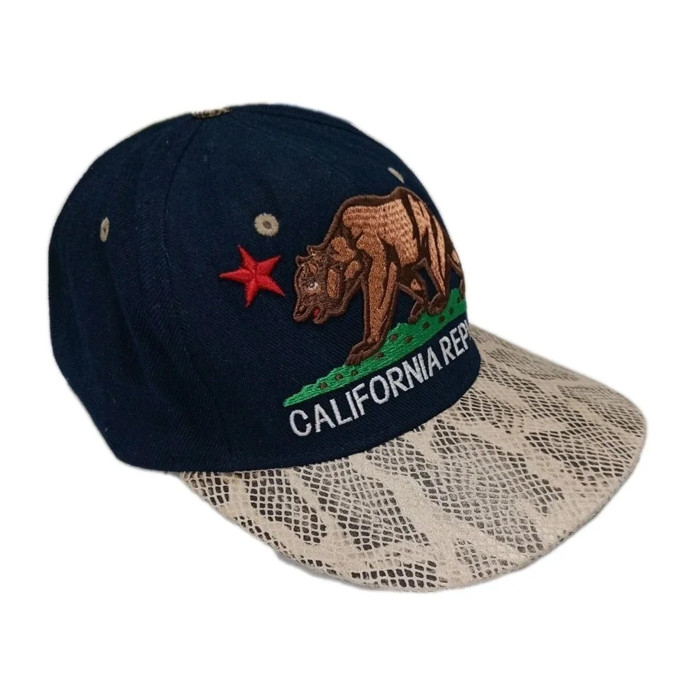 California Republic Bear Hat Pit Bull Strapback Trucker Snake Skin Brim Cap